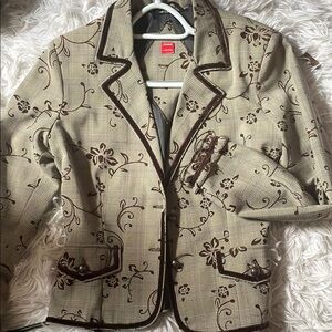 Vintage Floral Patterned Blazer - Cream and Brown